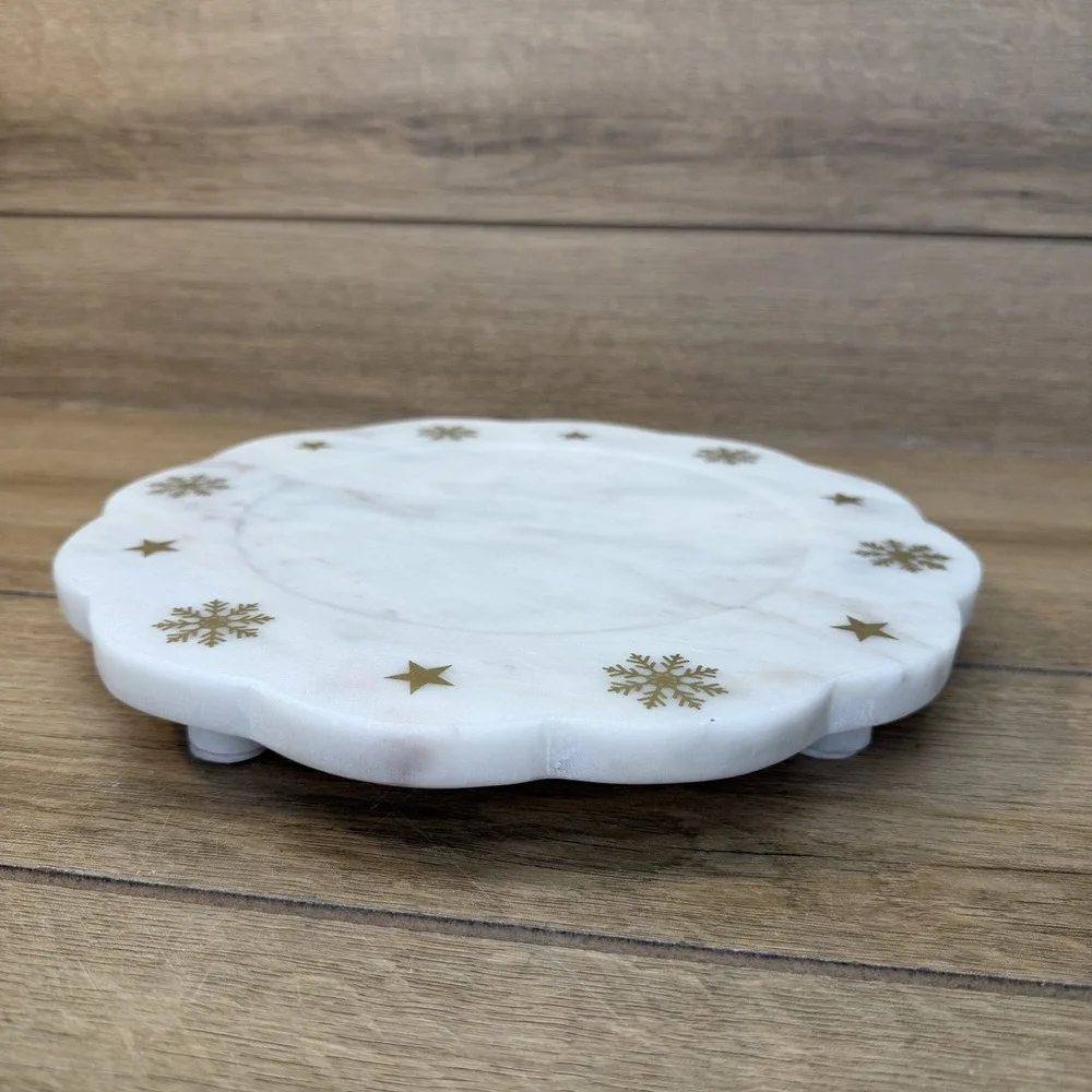 Genuine White Marble Serving Platter Scalloped Round Tray Gold Snowflake Star